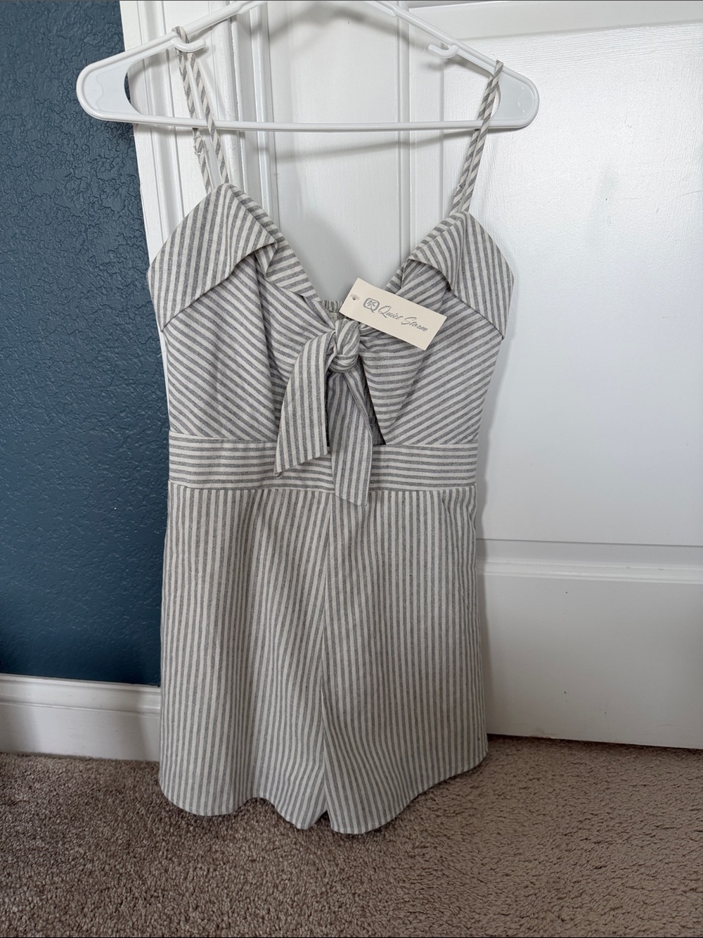 Rae Linen Stripe Tie-Front Romper in Light Gray